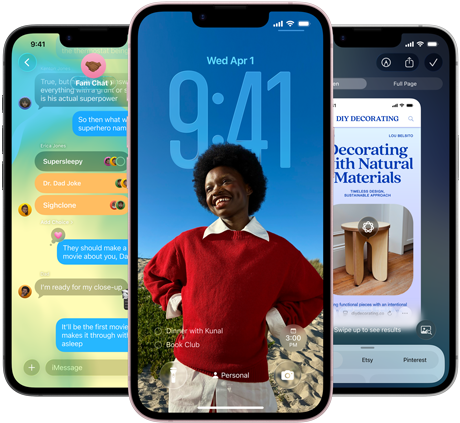 Drei iPhone 17e Geräte, die die Nachrichten App mit Liquid Glass Design, dynamischem Sperrbildschirm und Apple Intelligence in Aktion zeigen