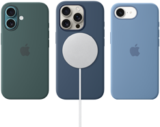 Verschiedenes iPhone MagSafe Zubehör. iPhone 16 Silikon Case mit MagSafe, Seegrün, iPhone 16 Pro Silikon Case mit MagSafe, Denim, mit MagSafe Ladegerät verbunden, Weiß, iPhone 16e Silikon Case, Winterblau