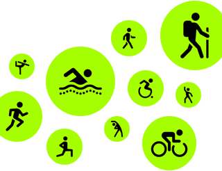 Trainingssymbole, animierte stilisierte Personen laufen, gehen, schwimmen, nutzen einen Rollstuhl, wandern, fahren Fahrrad, machen einen Ausfallschritt, tanzen, stretchen sich und machen Yoga