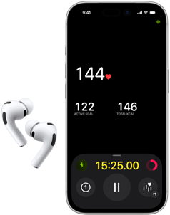 AirPods Pro 3, untere Hälfte eines iPhone 17 Pro Displays, die Fitness App zeigt eine Herzfrequenz