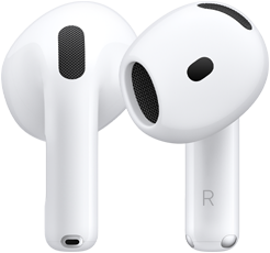 Die Rückseite des linken AirPod, die Vorderseite des rechten AirPod, auf dem Ende des AirPod kennzeichnet der Buchstabe R, dass er in das rechte Ohr gehört