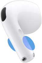AirPods 5 In-Ear Kopfhörer von außen, blaue Kreise zeigen, wo das untere Ende berührt werden muss, um die Lautstärke zu ändern
