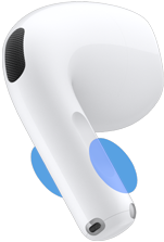 AirPods 5 In-Ear Kopfhörer von außen, blaue Kreise zeigen, wo das untere Ende berührt werden muss, um die Lautstärke zu ändern