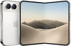 iPhone Duo, Rückseite geschlossen, Farbe Sternenweiß, Dual Fusion Kamera-System oben links, Apple Logo in der Mitte. Geöffnetes inneres Display, All‑Screen Design, gerundete Ecken