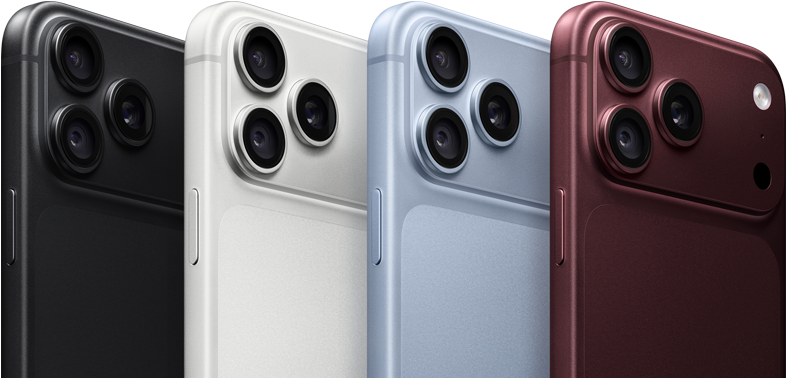 iPhone 18 Pro Geräte in einer Reihe, Rückseite, alle vier Farben: Burgunder, Polar, Silber, Schwarz, Pro Fusion Kamera-System oben links, 3 Objektive, Mikrofon, Blitz