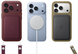 iPhone 18 Pro, Rückseite, Farbe Burgunder, Feingewebe Wallet mit MagSafe in Burgunder; iPhone 18 Pro, Rückseite, Farbe Polar, mit MagSafe Batterie; iPhone 18 Pro, Rückseite, Farbe Silber, mit Silikon Case in Grün und MagSafe Ladegerät