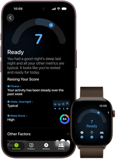 iPhone 18 Pro, Schwarz, Vorderseite, zeigt die Ergebnisse des Tagesformwerts (Wert 7), gekoppelt mit einer Apple Watch, Vorderansicht, Braun, zeigt denselben Tagesformwert von 7