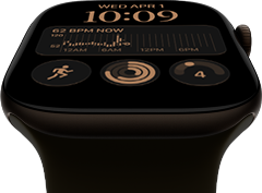 Apple Watch Series 12, Aluminiumgehäuse, Farbe Dunkelbronze, Modular Zifferblatt, Komplikationen: Tag und Datum, Trainings, Aktivitätsringe, Apple Music, rechte Seitenansicht, Digital Crown, Sportarmband, Farbe Oliv
